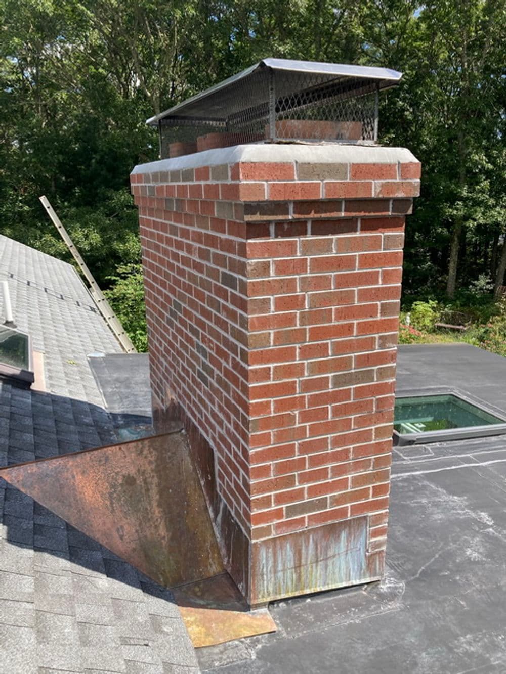 Brick chimney on a sloped roof with a metal chimney cap and surrounding greenery.